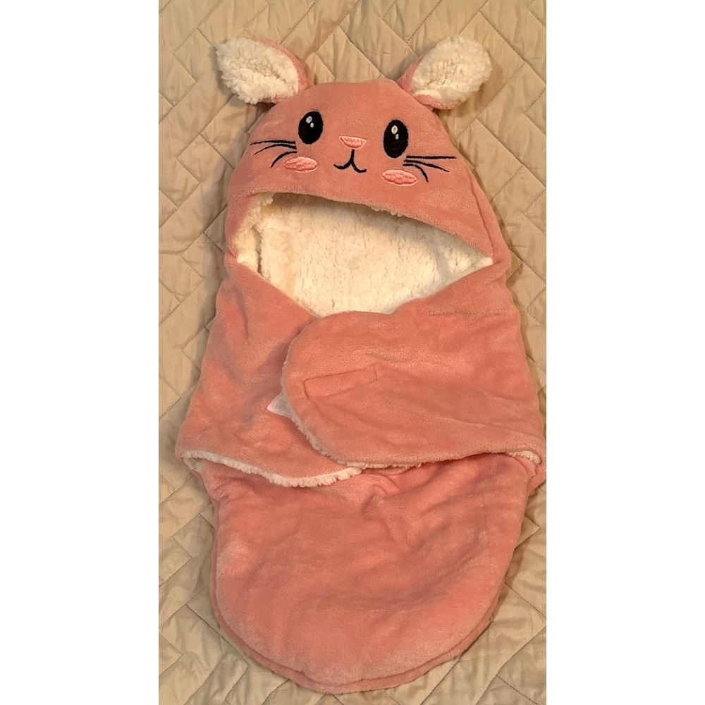 Baby Swaddle  Blanket Wrap Bunny Rabbit Pink Sherpa Lining Soft Warm 0 - 3 Mth